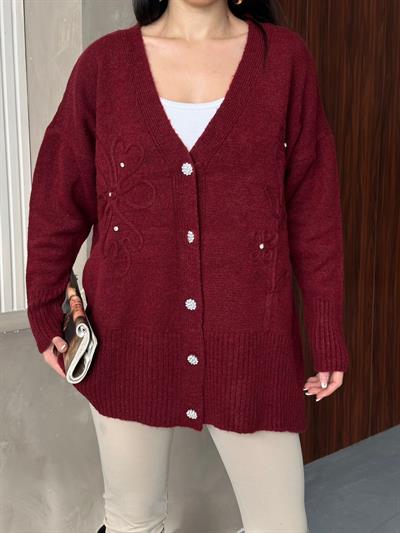 Kristal Düğme Ve Süzene Detaylı Triko Hırka Oversize Bordo
