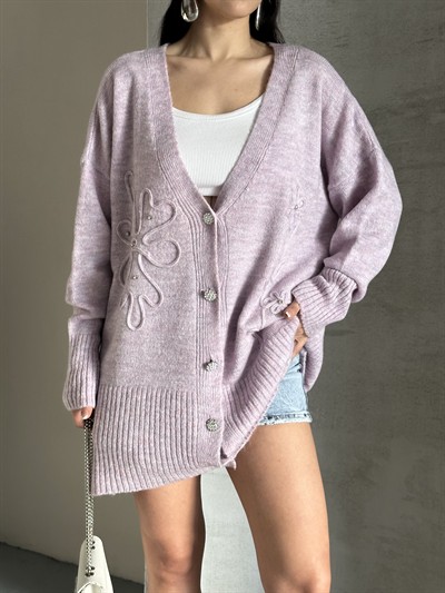 Kristal Düğme Ve Süzene Detaylı Triko Hırka Oversize Lila