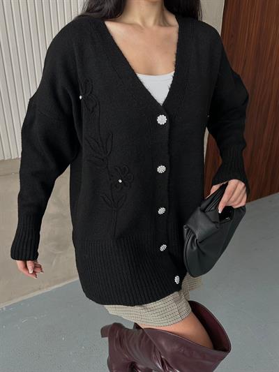 Kristal Düğme Ve Süzene Detaylı Triko Hırka Oversize Siyah