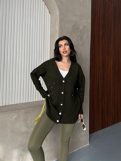 Kristal Düğme Ve Süzene Detaylı Triko Hırka Oversize Haki