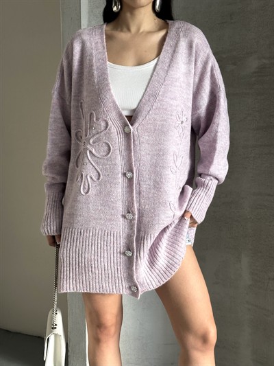 Kristal Düğme Ve Süzene Detaylı Triko Hırka Oversize Lila
