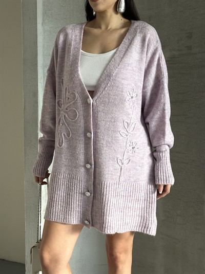 Kristal Düğme Ve Süzene Detaylı Triko Hırka Oversize Lila