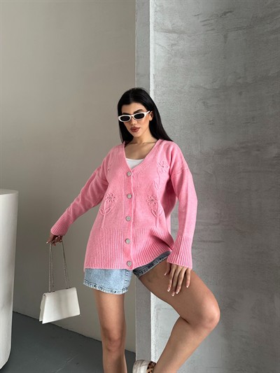 Kristal Düğme Ve Süzene Detaylı Triko Hırka Oversize Pembe