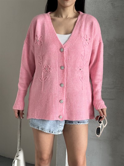 Kristal Düğme Ve Süzene Detaylı Triko Hırka Oversize Pembe