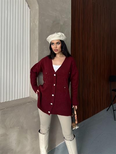 Kristal Düğme Ve Süzene Detaylı Triko Hırka Oversize Bordo