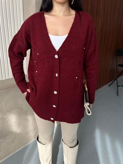 Kristal Düğme Ve Süzene Detaylı Triko Hırka Oversize Bordo