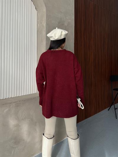 Kristal Düğme Ve Süzene Detaylı Triko Hırka Oversize Bordo