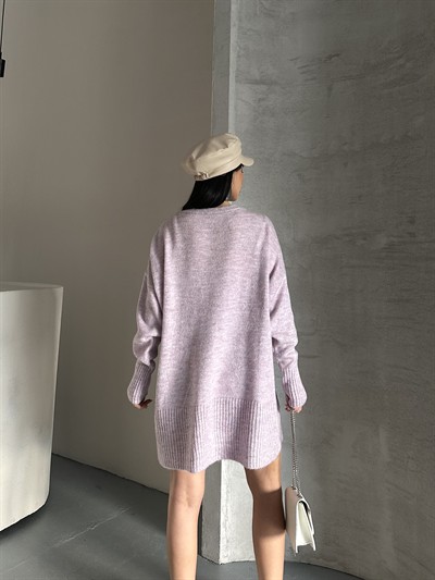 Kristal Düğme Ve Süzene Detaylı Triko Hırka Oversize Lila