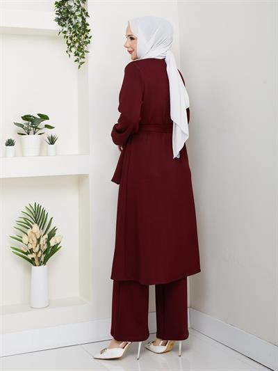 Oys Uzun Tunik Kemer Detaylı Takım Bordo