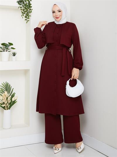 Oys Uzun Tunik Kemer Detaylı Takım Bordo