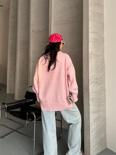 Süzme ve Taş Detaylı Kazak Pembe