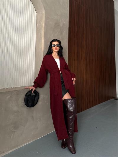 Tam Boy Triko Trenç Kemerli Hırka Bordo