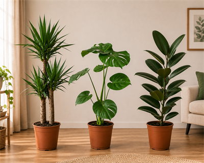 🌿 3'lü Salon Bitkisi Seti | 2 Gövdeli Yucca + Monstera Deve Tabanı + Kauçuk Bitkisi | Canlı İç Mekan ve Ofis Bitkileri