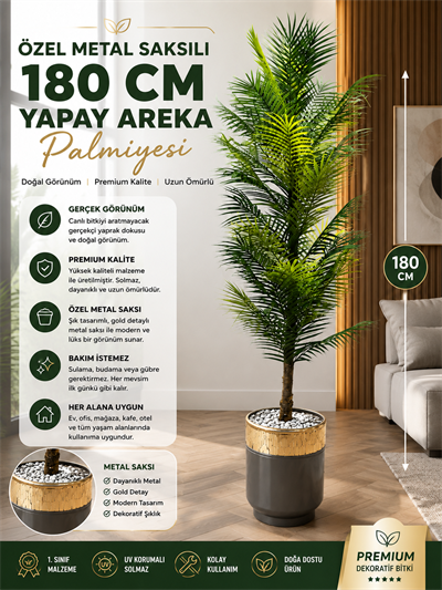 🌴 Premium Yapay Areka Palmiyesi 180 CM – Özel Metal Saksılı Dekoratif Salon Ağacı