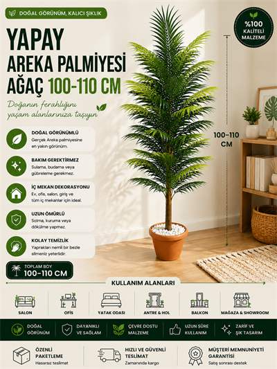🌴 Yapay Areka Palmiyesi 100 CM – Gerçek Görünümlü Dekoratif Salon ve Ofis Bitkisi
