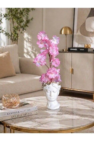 Romantik Dekoratif Heykel Pembe Bahar Dallı Helen Büst Saksı
