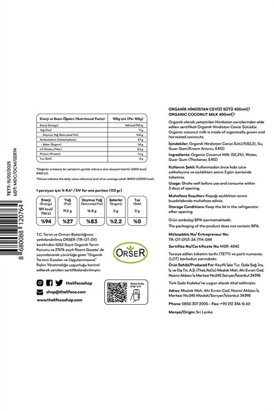 Organik Hindistan Cevizi Sütü 400ml