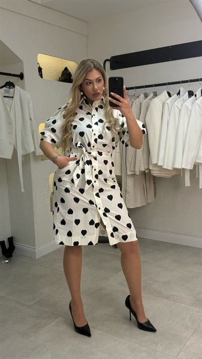 Ekru Kalp Desenli Gömlek Elbise