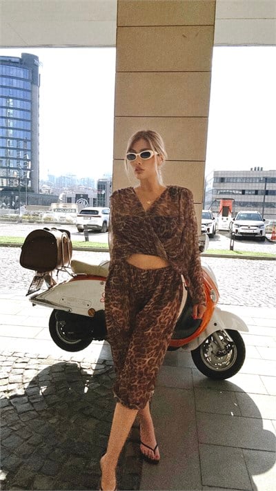 Leopar Tül Bluz Pantolon Takım