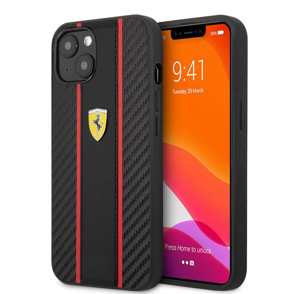 Apple iPhone 13 Kılıf Ferrari Orjinal Lisanslı PU Deri Ve Karbon Dizayn Kapak