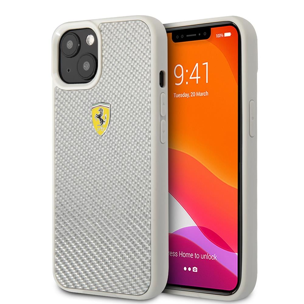 Apple iPhone 13 Kılıf Ferrari Orjinal Lisanlı Klasik Metal Logolu Karbon Dizayn Kapak