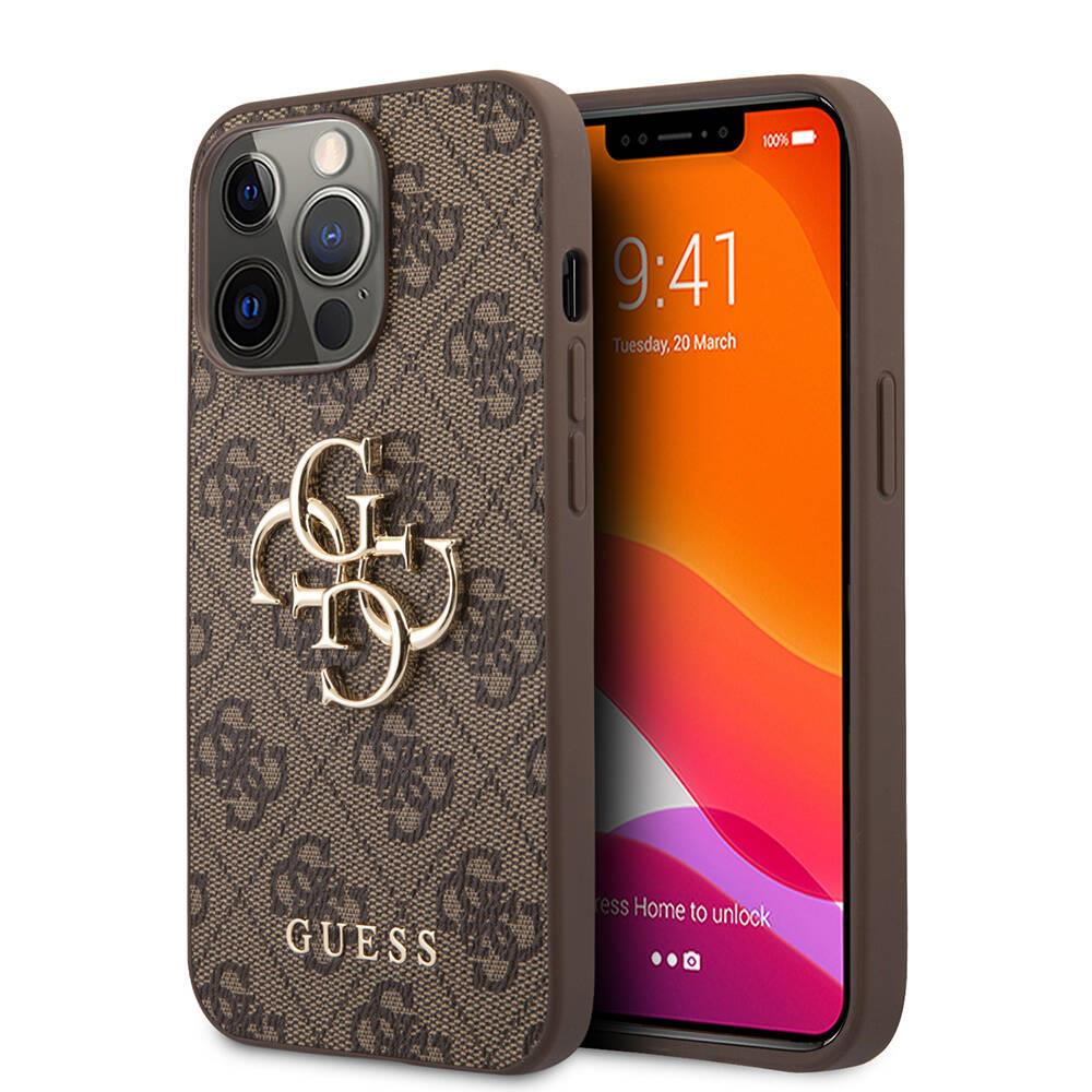 Apple iPhone 13 Pro Max Kılıf Guess Orjinal Lisanslı PU Deri 4G Desenli Metal Büyük 4G ve Yazı Logolu Kapak