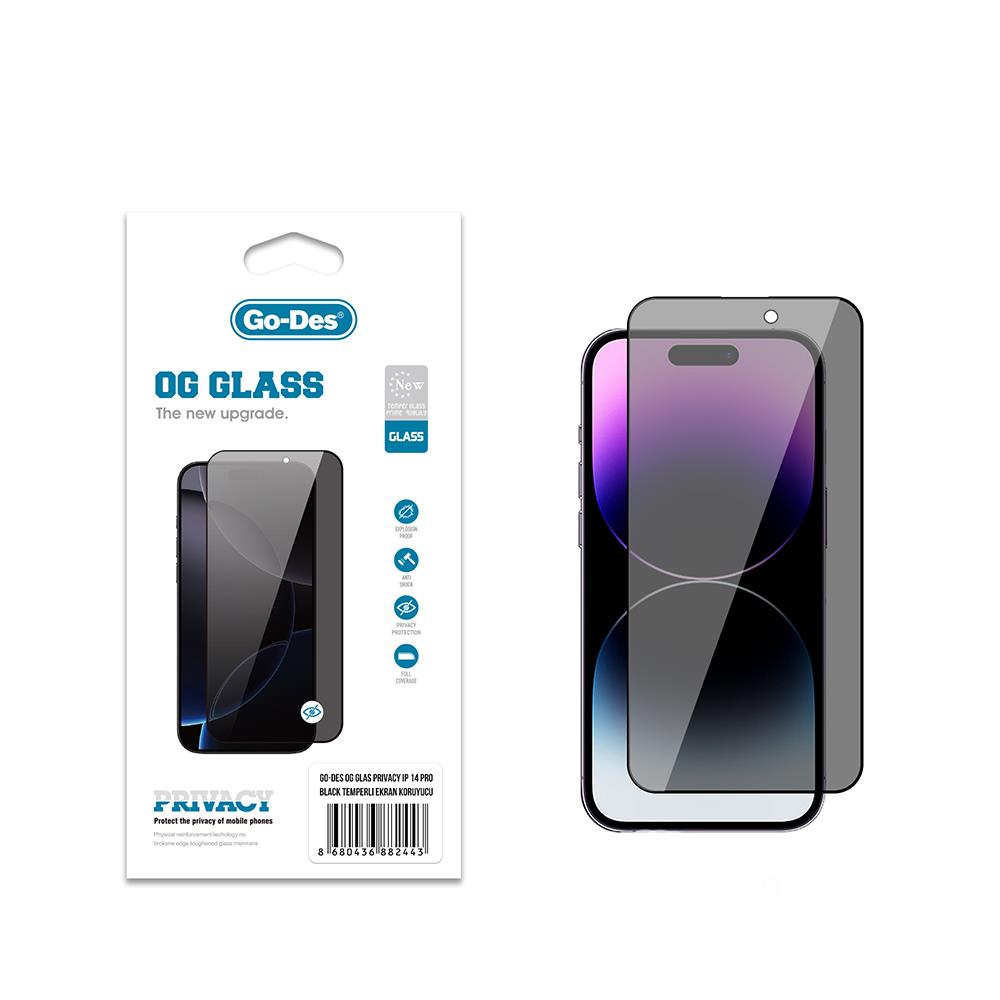 Apple iPhone 14 Pro Go Des OG Glass Privacy Antistatik Temperli Cam Ekran Koruyucu