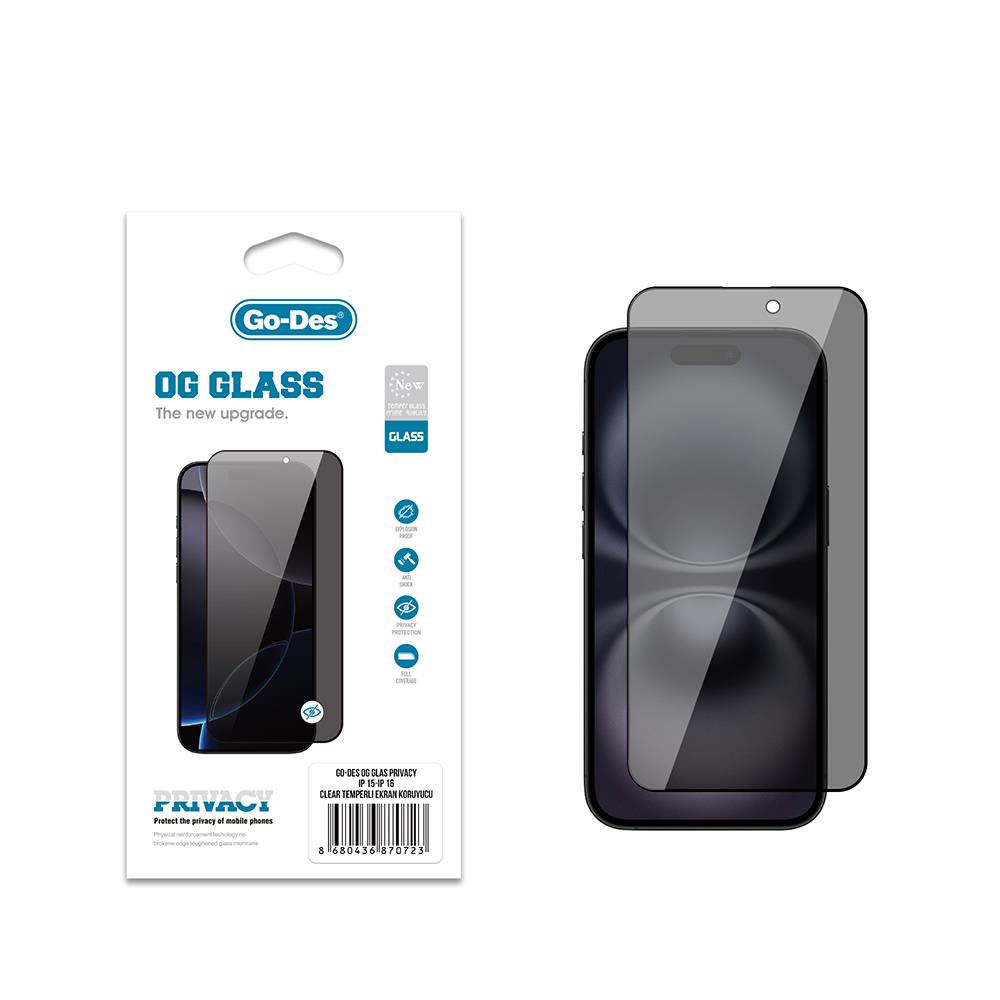 Apple iPhone 15 Go Des OG Glass Privacy Antistatik Temperli Cam Ekran Koruyucu