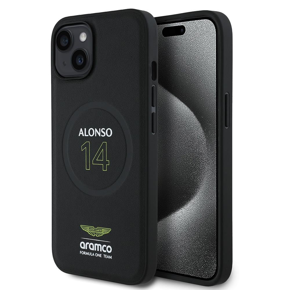 Apple iPhone 15 Kılıf Aston Martin Orjinal Lisanslı M-safe Şarj Özellikli PU Deri Alonso 14 Baskılı Kapak
