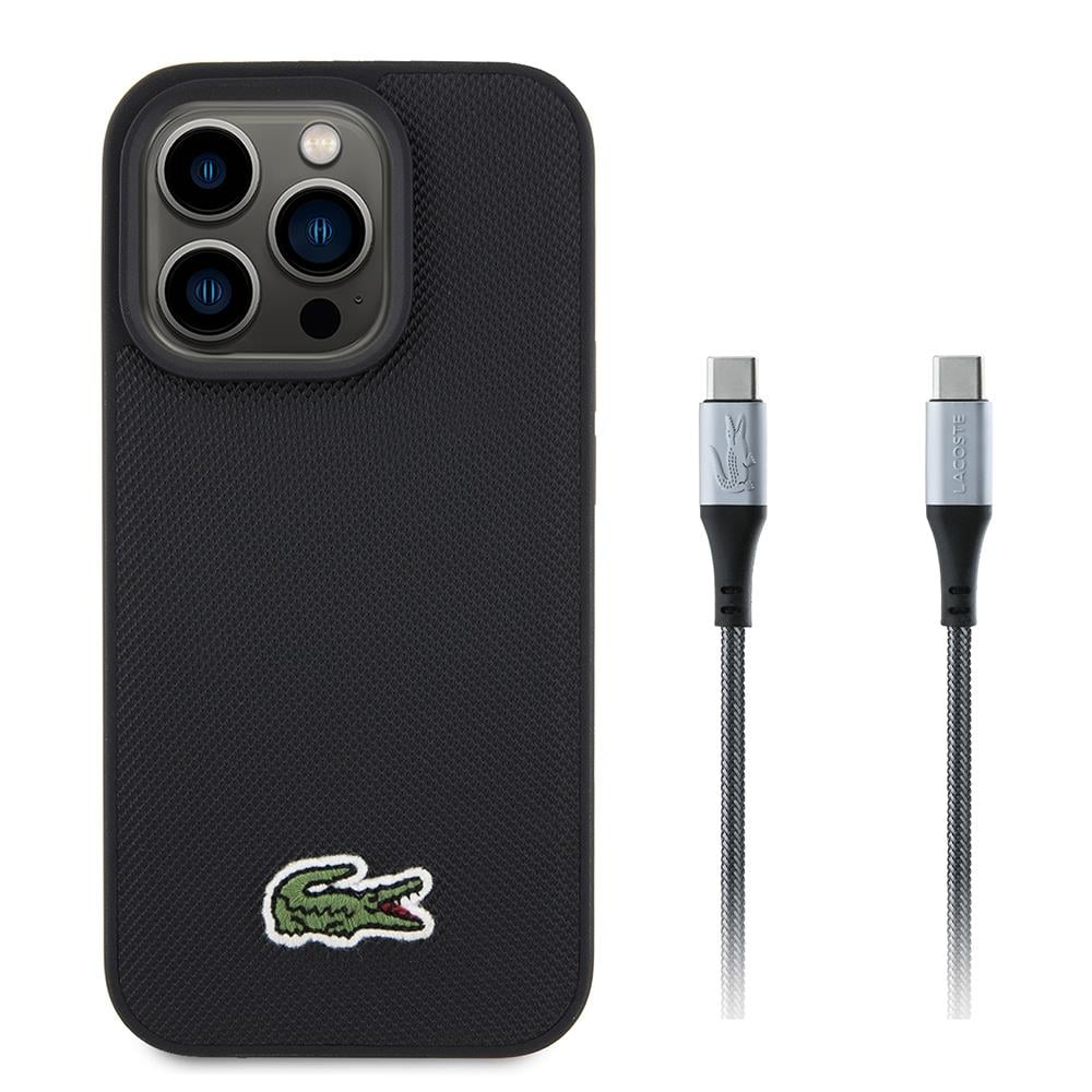 Apple iPhone 15 Pro Max Kılıf Lacoste Orjinal Lisanslı PU Pike Desenli Arka Yüzey İkonik Timsah Dokuma Logolu Kapak + Type-C Kablo 1.5m