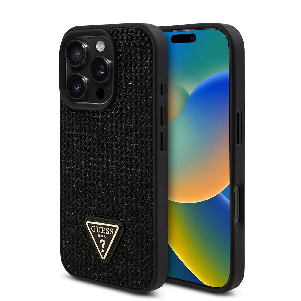 Apple iPhone 16 Pro Max Kılıf Guess Orjinal Lisanslı Taşlı Arka Yüzey Üçgen Logolu Kapak