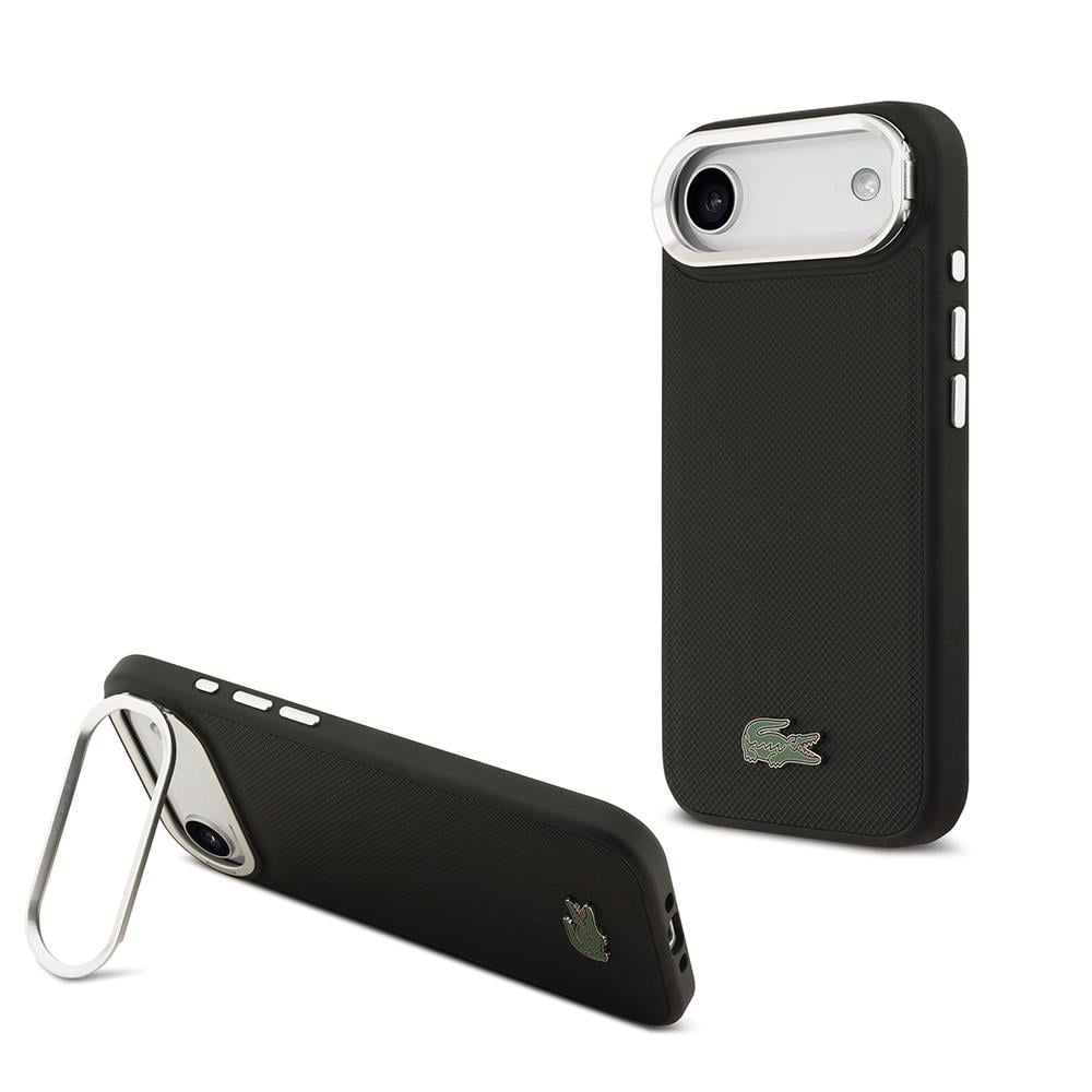 Apple iPhone 17 Air Kılıf Lacoste Orjinal Lisanslı M-safe Şarj Özellikli PU Pike Desenli Standlı Metal Logolu Kapak