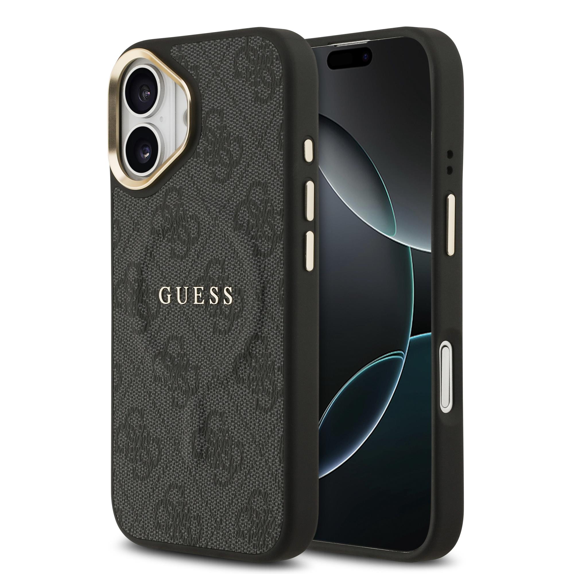 Apple iPhone 17 Kılıf Guess Orjinal Lisanslı M-safe Şarj Özellikli Gold Metal Kamera Çerçeveli PU Deri 4G Desenli Yazı Logolu Kapak