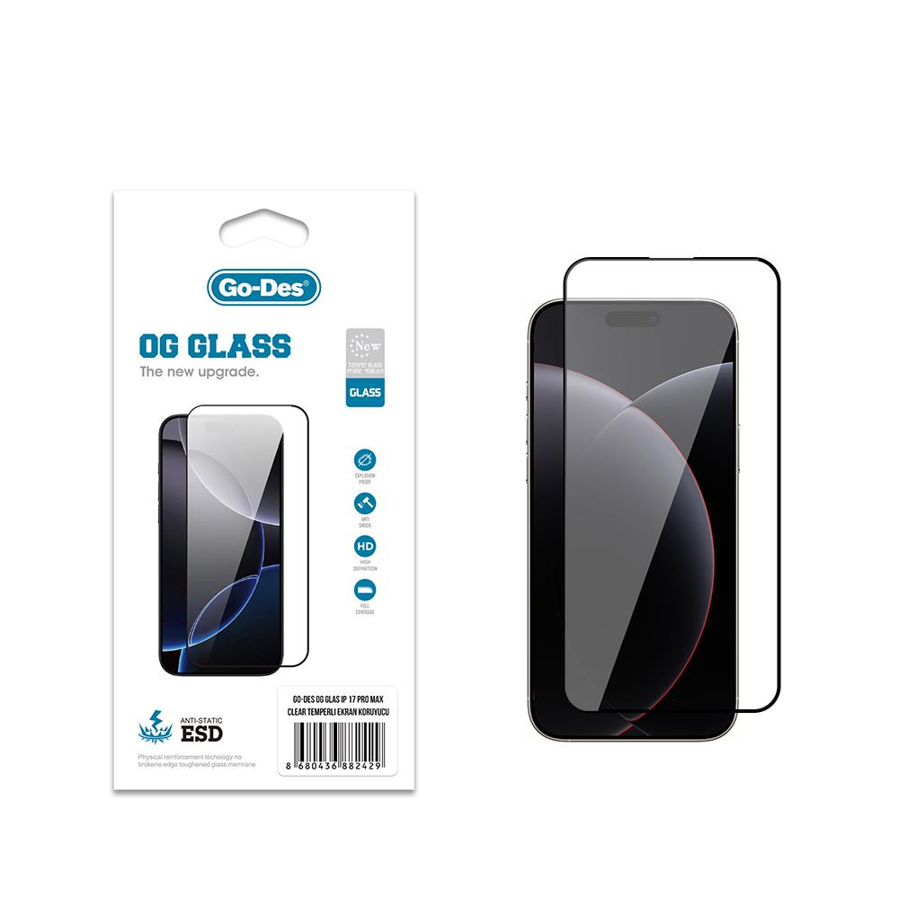 Apple iPhone 17 Pro Max Go Des OG Glass Antistatik Temperli Cam Ekran Koruyucu