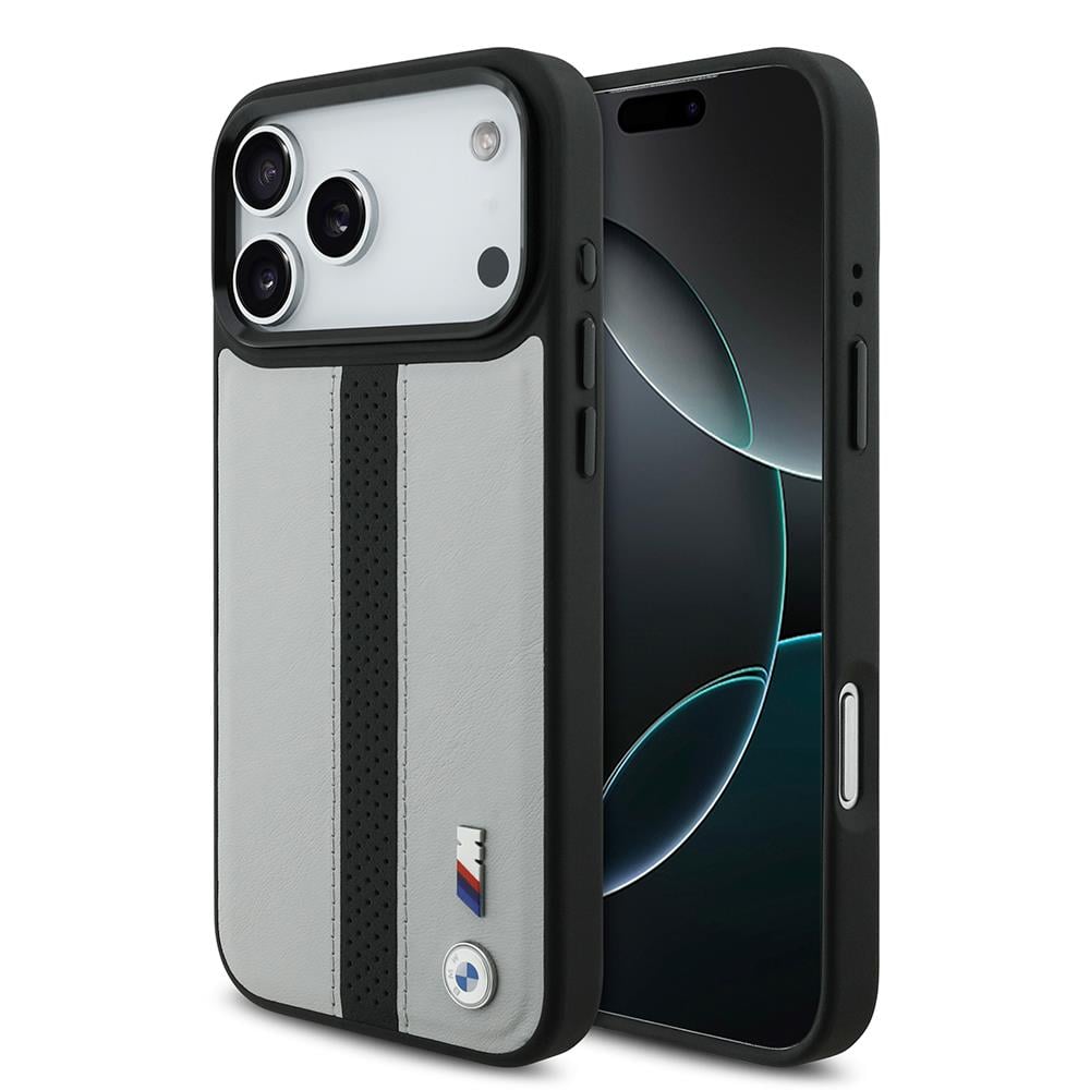 Apple iPhone 17 Pro Max Kılıf BMW Orjinal Lisanslı M-safe Şarj Özellikli Deri Arka Yüzey Metal Logolu Delikli Şerit Tasarımlı Kapak