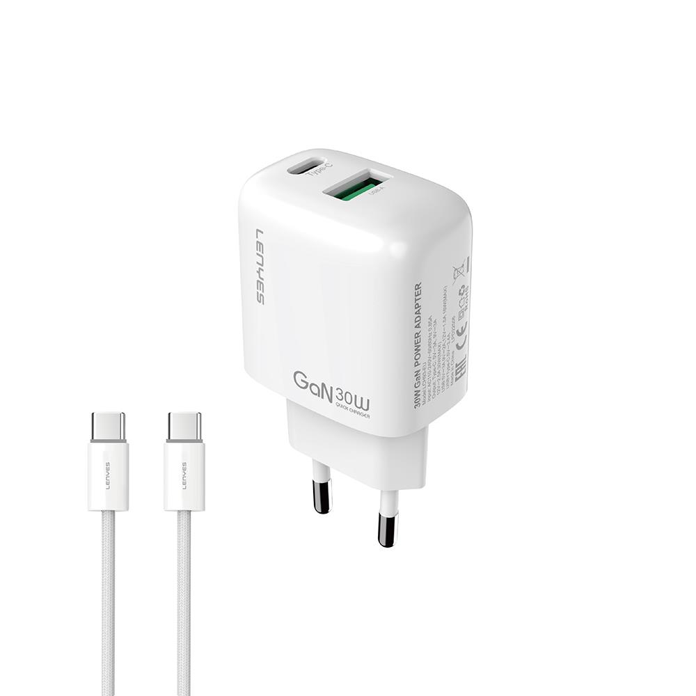 Lenyes LCH93-TC-TC Type-C to Type-C GaN Teknolojili PD ve USB Hızlı Şarj Özellikli Şarj Seti 30W