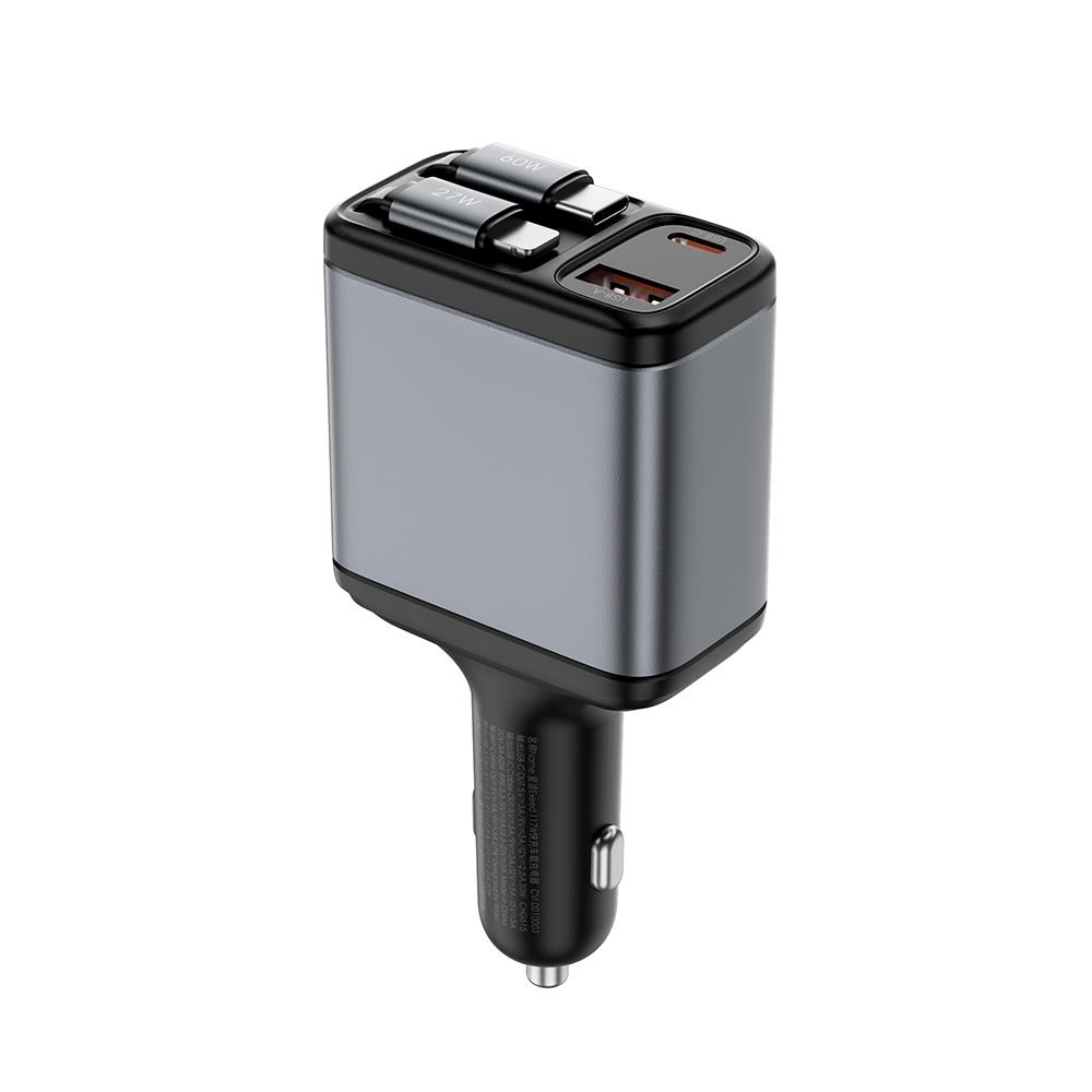 Wiwu Wi-QC027 Exeed Serisi Type-C&Lightning Kablolu + USB-A Hızlı Şarj Özellikli Led Göstergeli Araç Şarj Aleti 117W