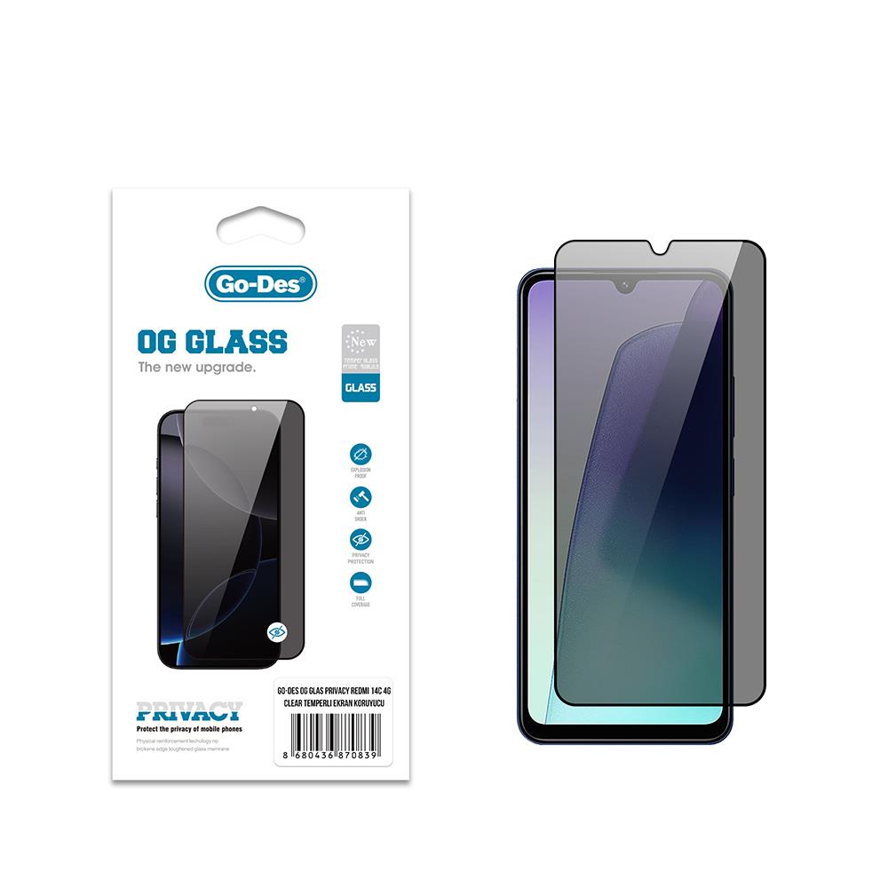 Xiaomi Redmi 14C 4G Go Des OG Glass Privacy Antistatik Temperli Cam Ekran Koruyucu