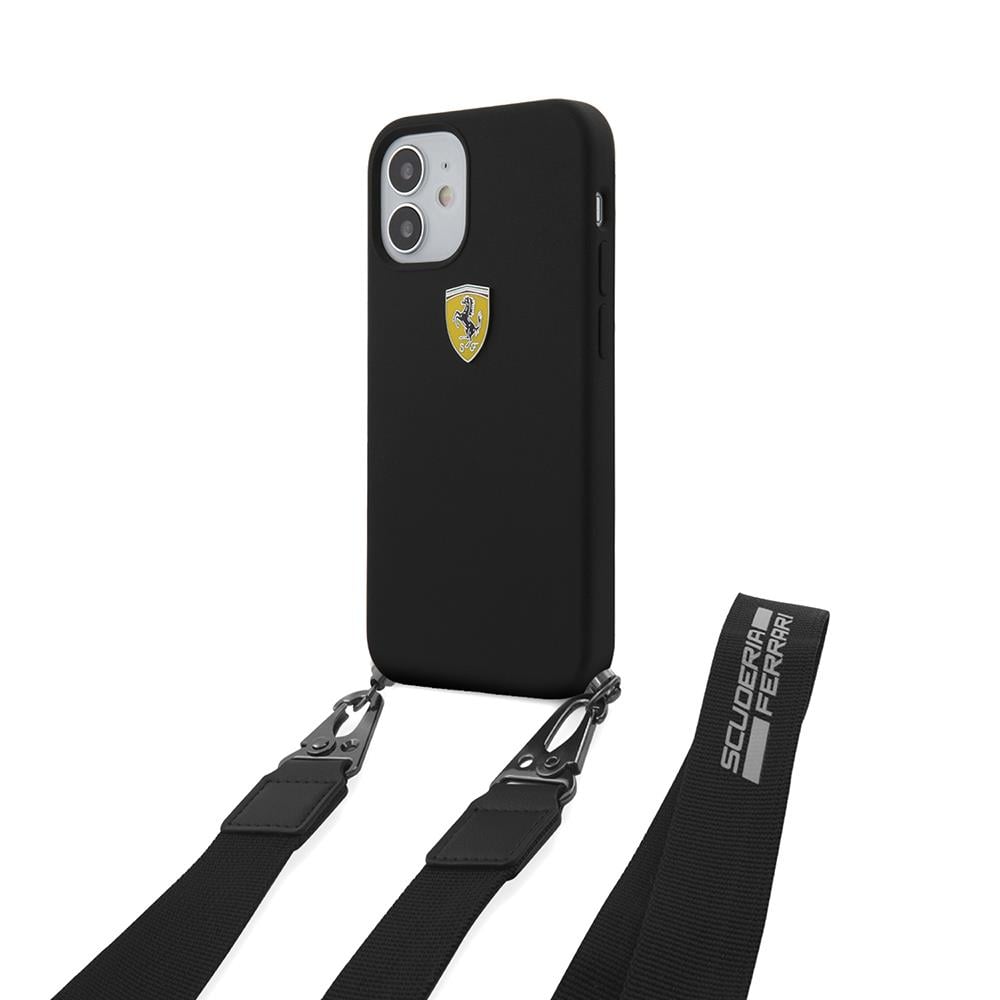 Apple iPhone 12 Kılıf Ferrari Orjinal Lisanslı Askılı Metal Logolu Kapak