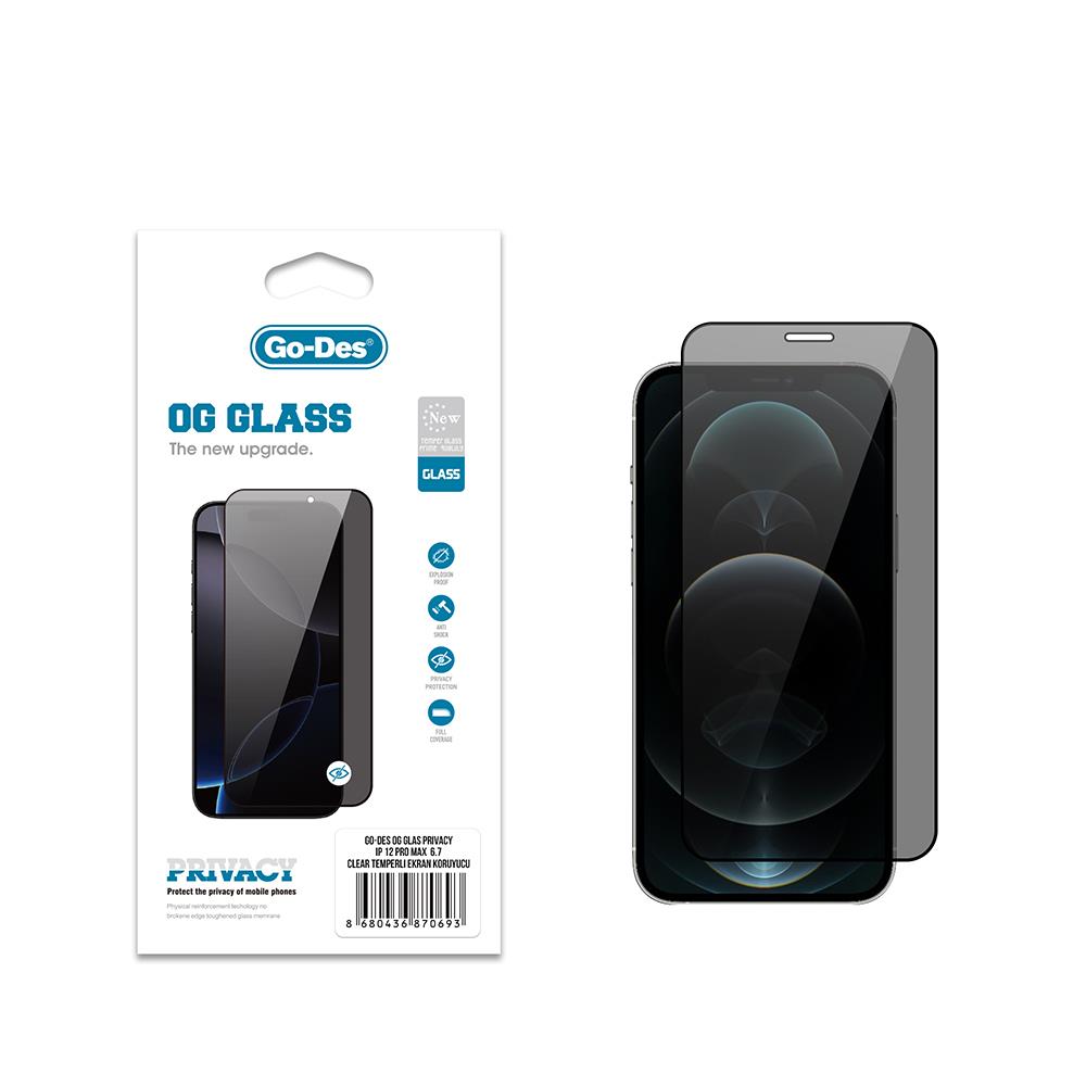 Apple iPhone 12 Pro Max Go Des OG Glass Privacy Antistatik Temperli Cam Ekran Koruyucu
