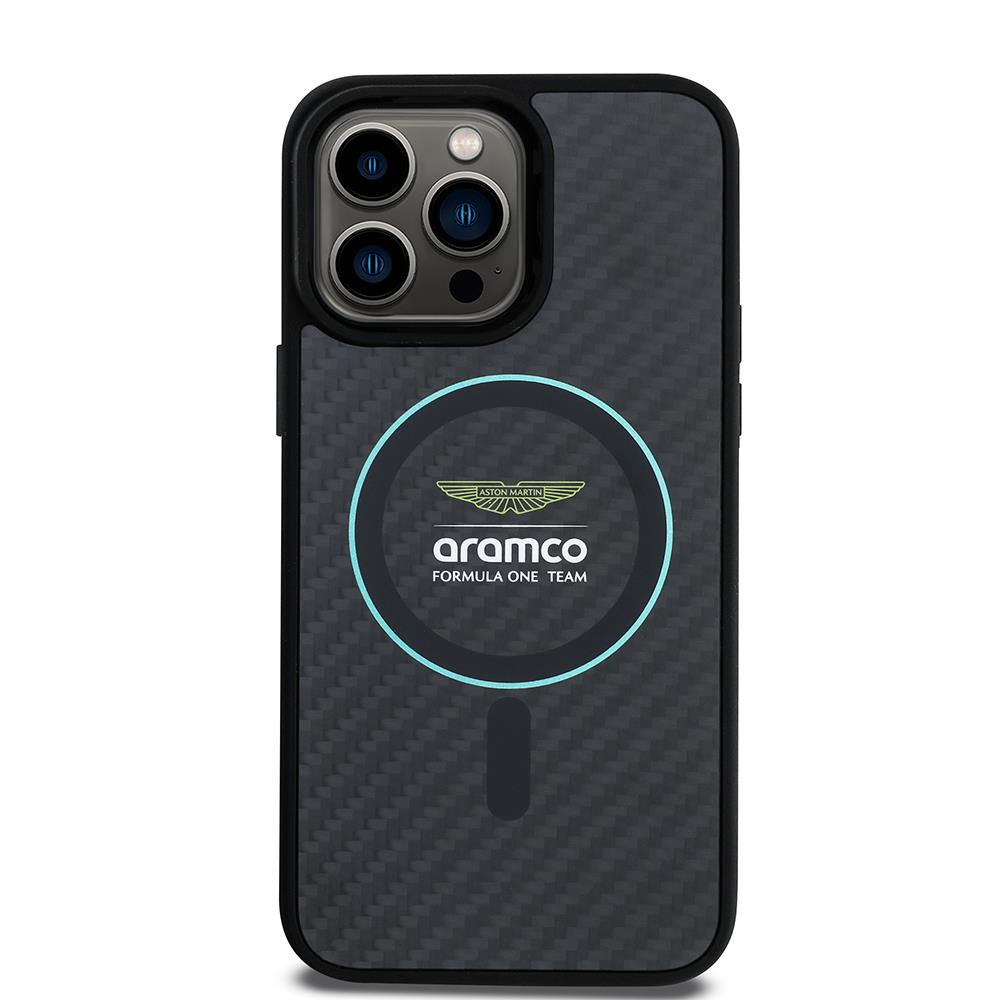 Apple iPhone 14 Pro Max Kılıf Aston Martin Orjinal Lisanslı Magsafe Şarj Özellikli Renkli Halka ve Karbon Fiber Tasarımlı Kapak