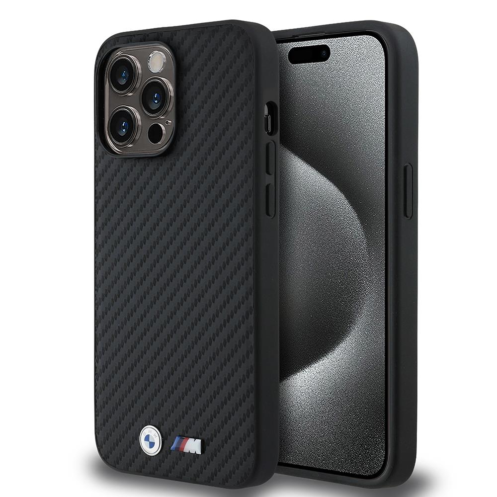 Apple iPhone 14 Pro Max Kılıf BMW Orjinal Lisanslı M-safe Şarj Özellikli Karbon Fiber Görünümlü ve Metal Logolu PU Deri Kapak