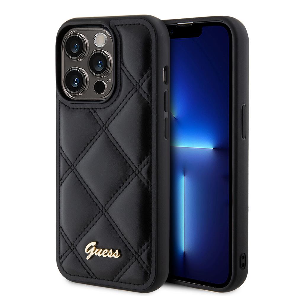 Apple iPhone 14 Pro Max Kılıf Guess Orjinal Lisanslı PU Deri Metal Yazı Logolu Kapitone Kapak