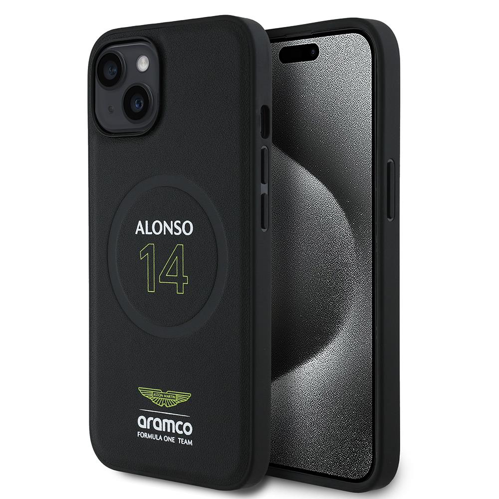 Apple iPhone 15 Kılıf Aston Martin Orjinal Lisanslı M-safe Şarj Özellikli PU Deri Alonso 14 Baskılı Kapak