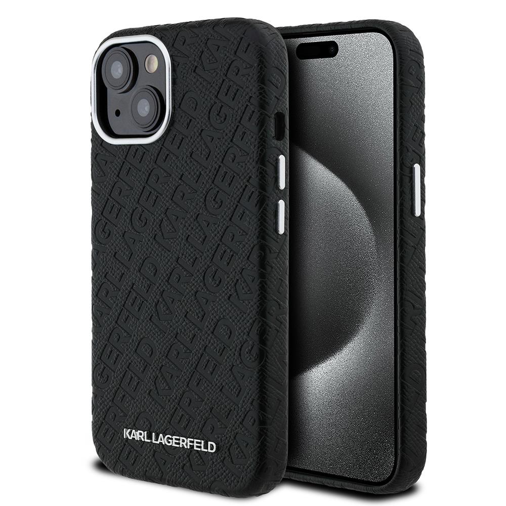 Apple iPhone 15 Kılıf Karl Lagerfeld Orjinal Lisanslı PU Deri Damgalı Metal Yazı Logolu Kapak