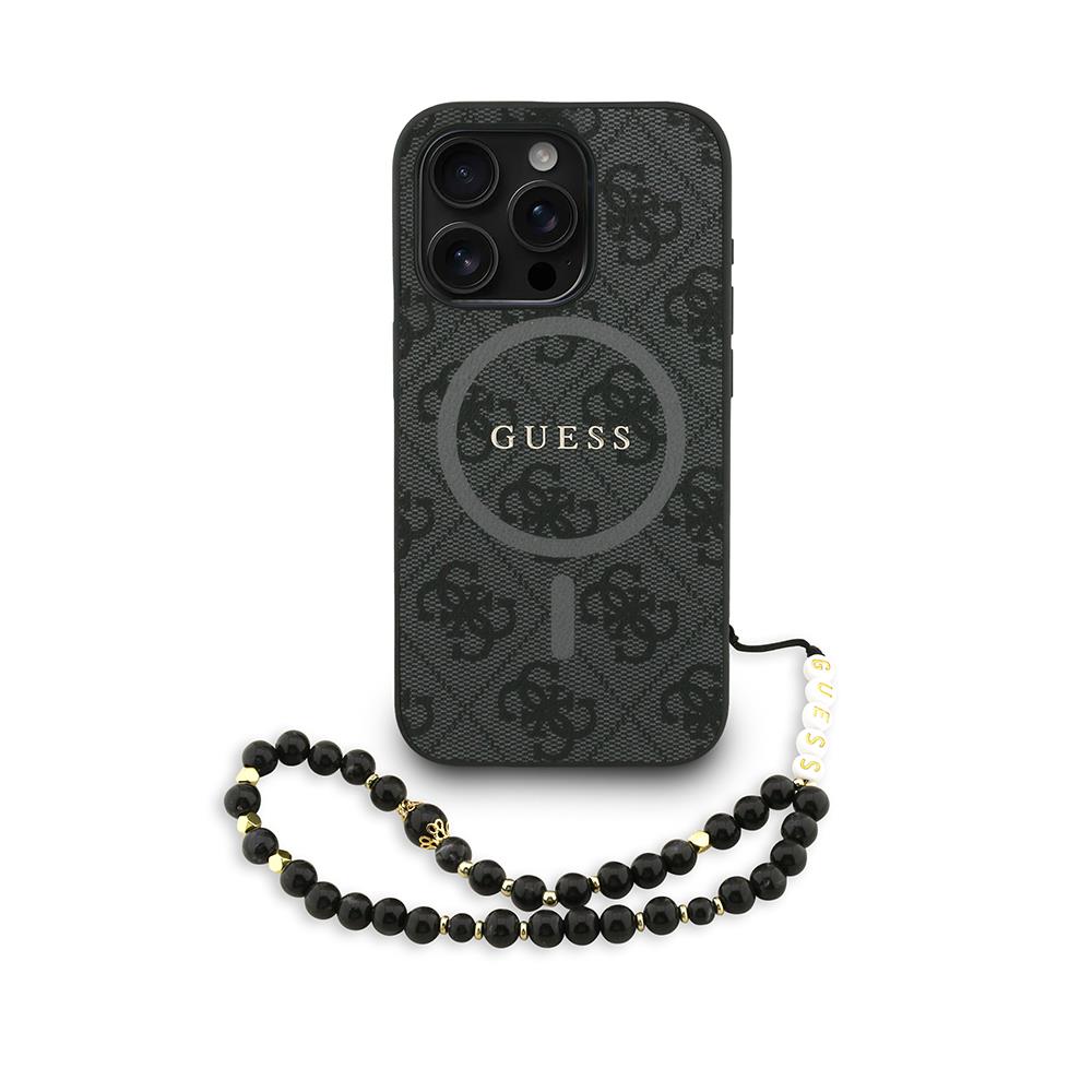 Apple iPhone 15 Pro Kılıf Guess Orjinal Lisanslı M-safe Şarj Özellikli PU Deri Bilek Askı İpli Yazı Logolu Kapak