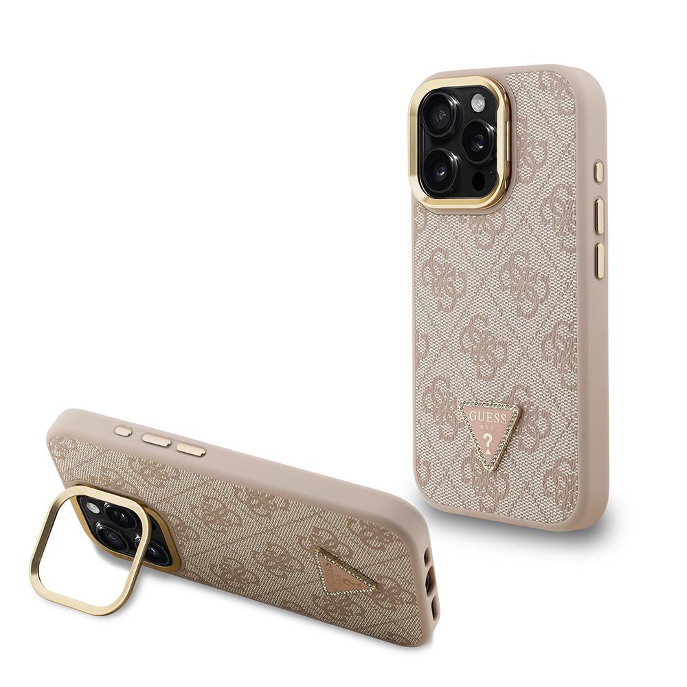 Apple iPhone 15 Pro Kılıf Guess Orjinal Lisanslı PU Deri Taşlı Üçgen Logo 4G Desenli Kamera Standlı Kapak