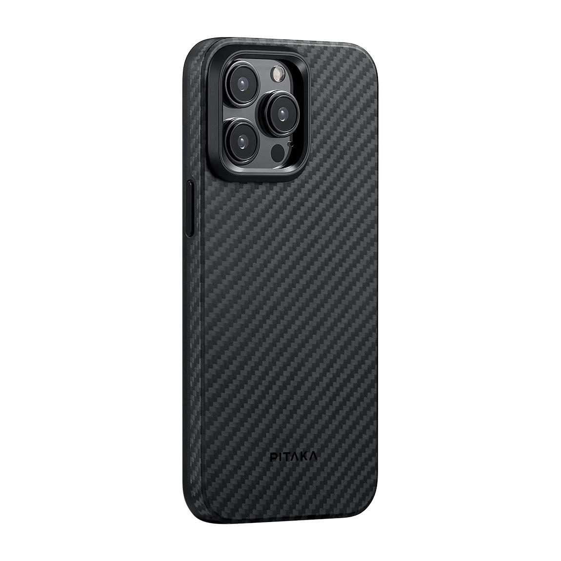 Apple iPhone 15 Pro Kılıf Magsafe Şarj Özellikli 1500D Aramid Fiber Pitaka Military-Grade Classic Serisi Black-Grey Twill Kapak