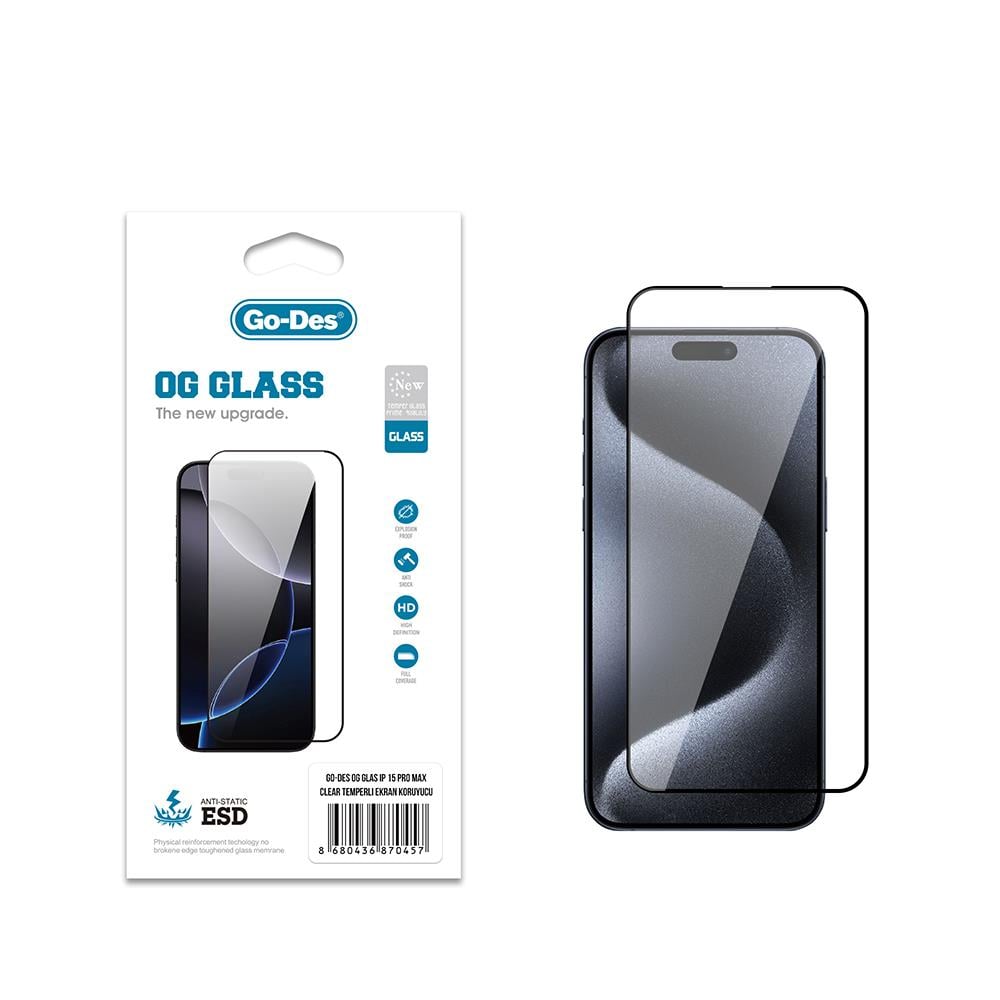 Apple iPhone 15 Pro Max Go Des OG Glass Antistatik Temperli Cam Ekran Koruyucu