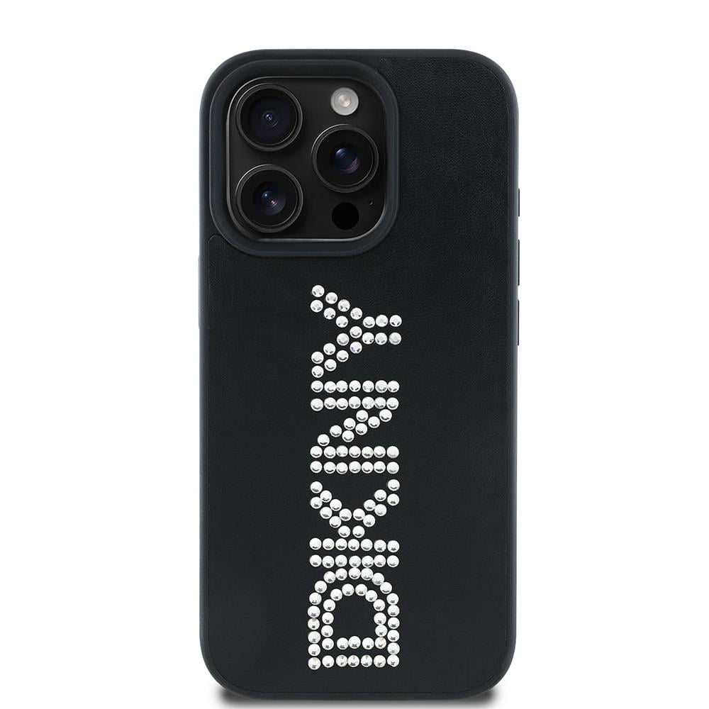 Apple iPhone 15 Pro Max Kılıf DKNY Orjinal Lisanslı Taşlı DKNY Yazılı Metalik Rhinestones PU Deri Kapak
